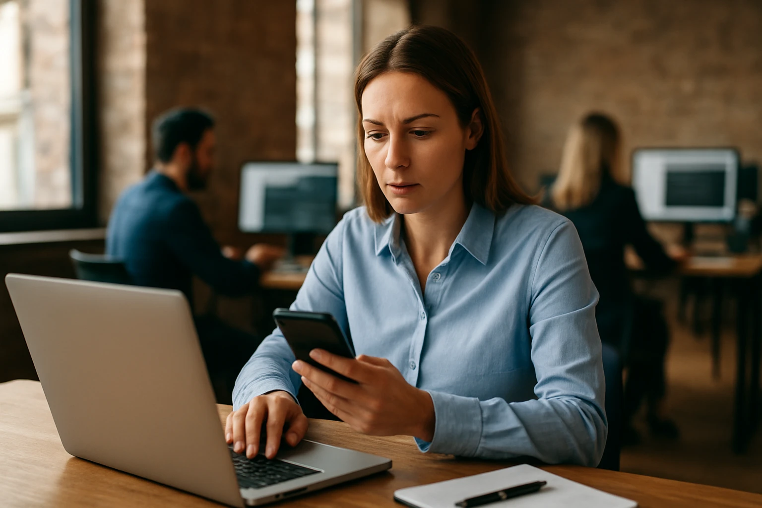 Žena v modrej košeli sedí pri stole, pozorne sleduje svoj mobilný telefón.