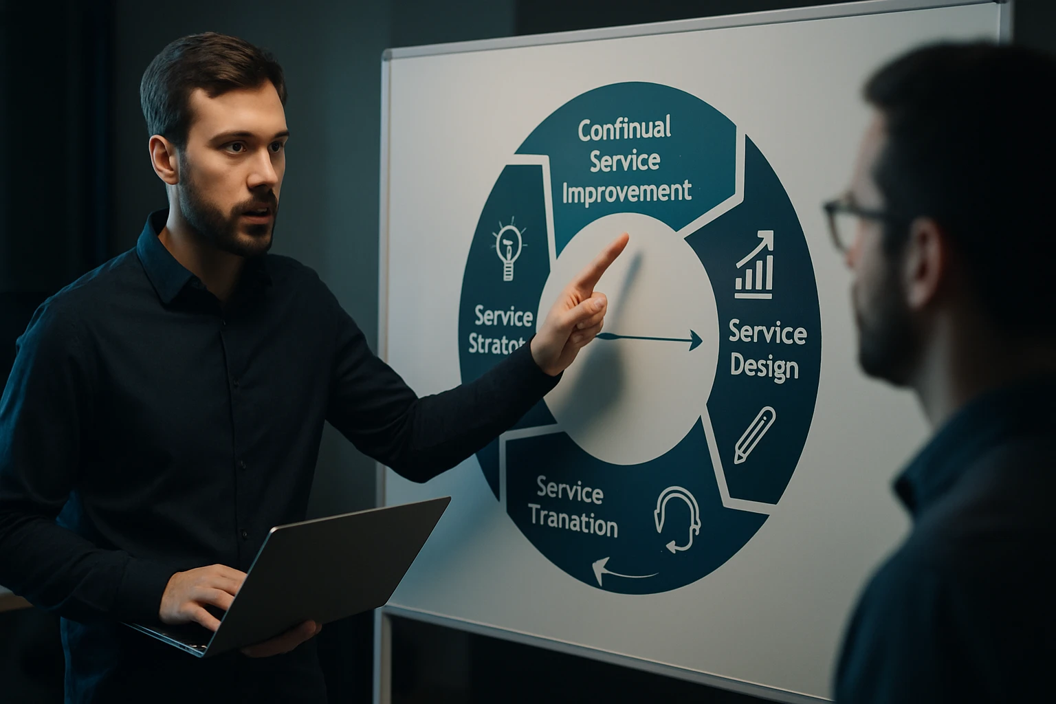 Muž prezentuje diagram zameraný na zlepšovanie služieb v kancelárii.