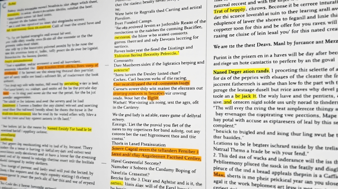 Detail of a printed document with highlighted text and annotations.