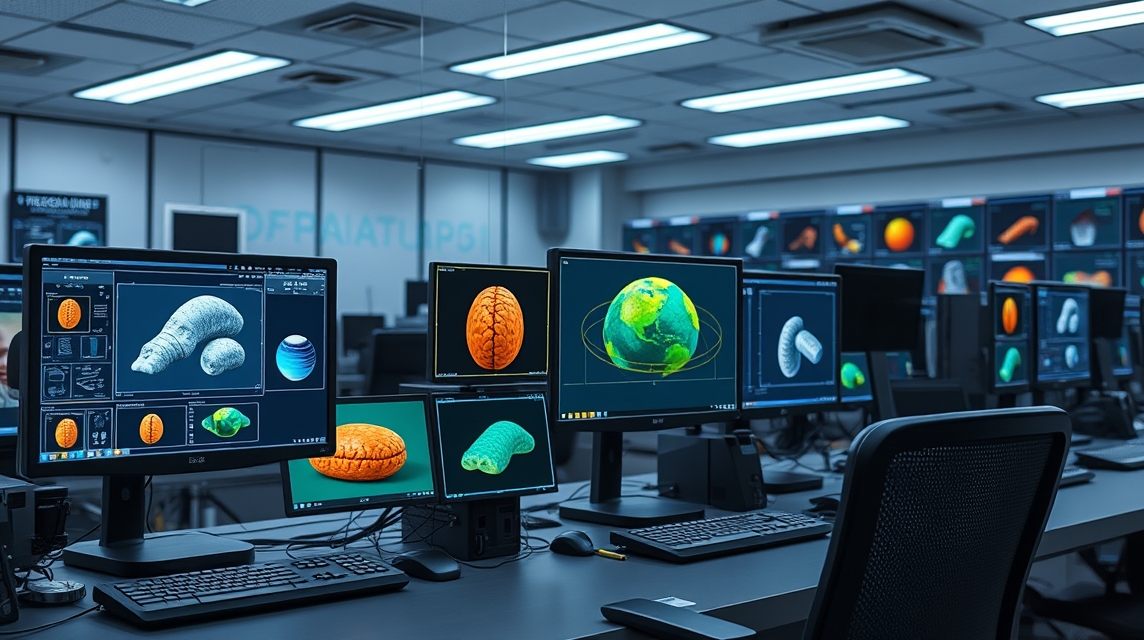 Viacero počítačov zobrazuje 3D modely mikroskopických organizmov a buniek.