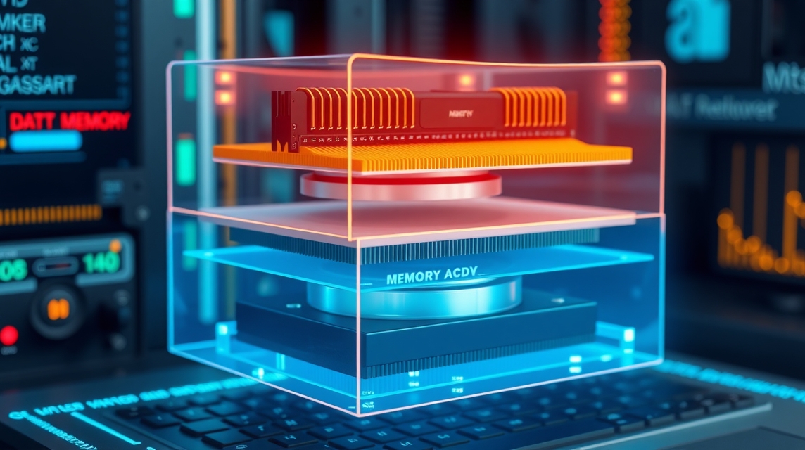 Priehľadná 3D grafika počítačovej pamäte, s rôznymi vrstvami a komponentmi.