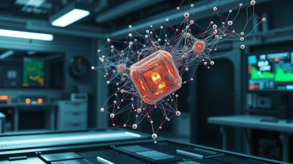 Abstraktná vizualizácia technológie s prepojenými uzlami a žiariacim kockovým objektom.
