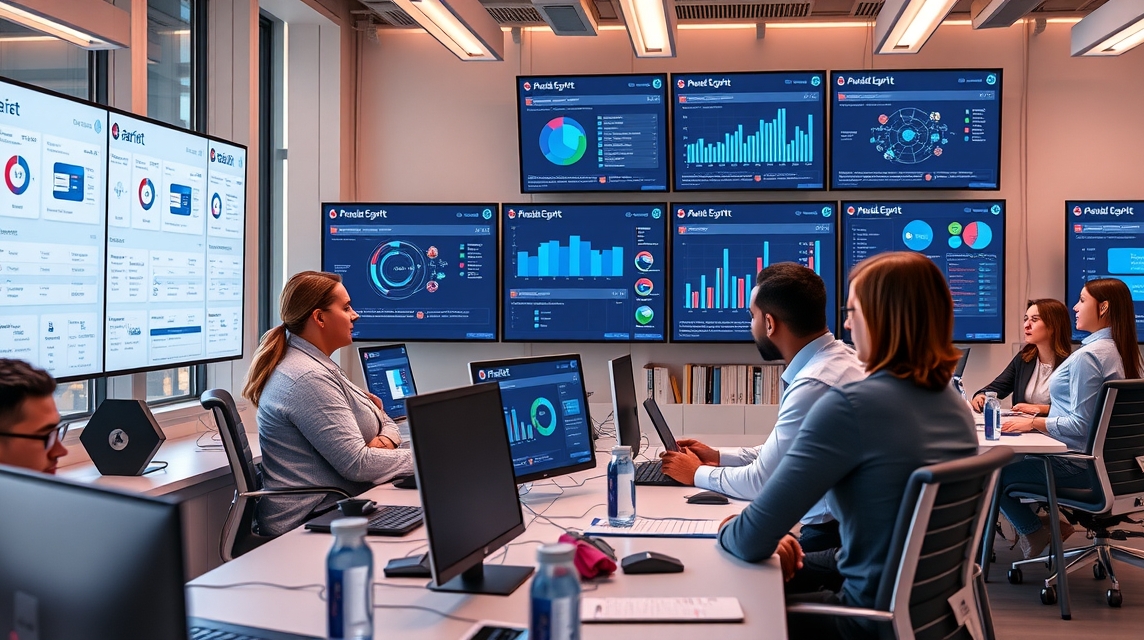 Skupina profesionálov sedí egy modern irodában, adatelemző képernyőkkel.