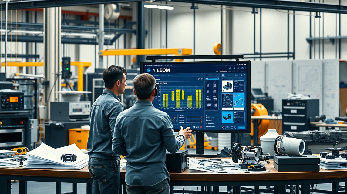 Dva muži állnak egy asztalnál, miközben egy monitoron adatokat elemeznek egy ipari környezetben.