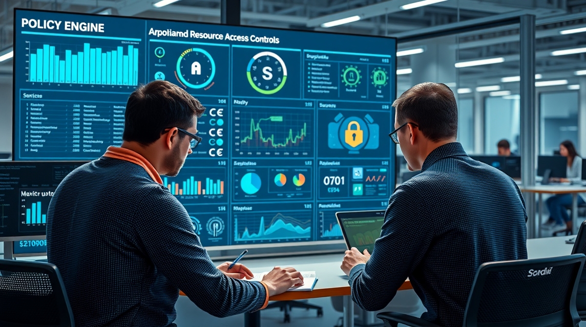 Dva muži dolgozva a számítógép előtt, háttérben adatvizualizációs panelek.