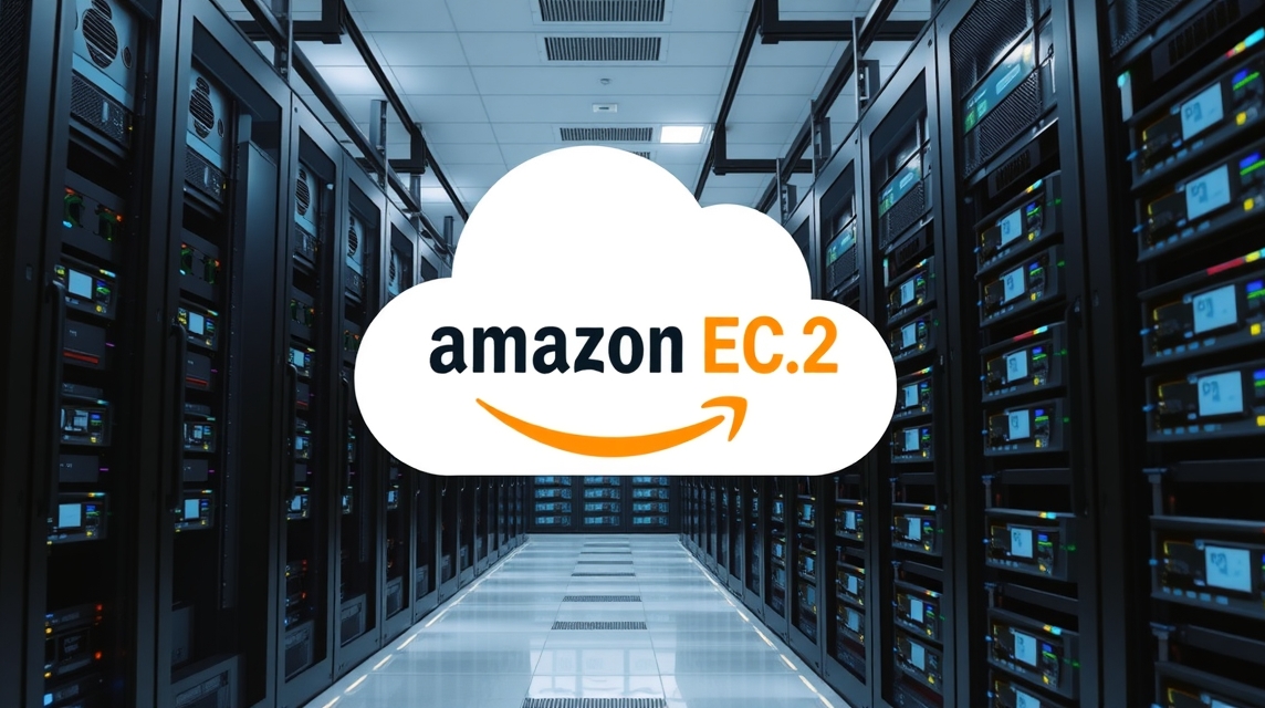 Serverová miestnosť s množstvom serverov a logom Amazon EC2 v strede.