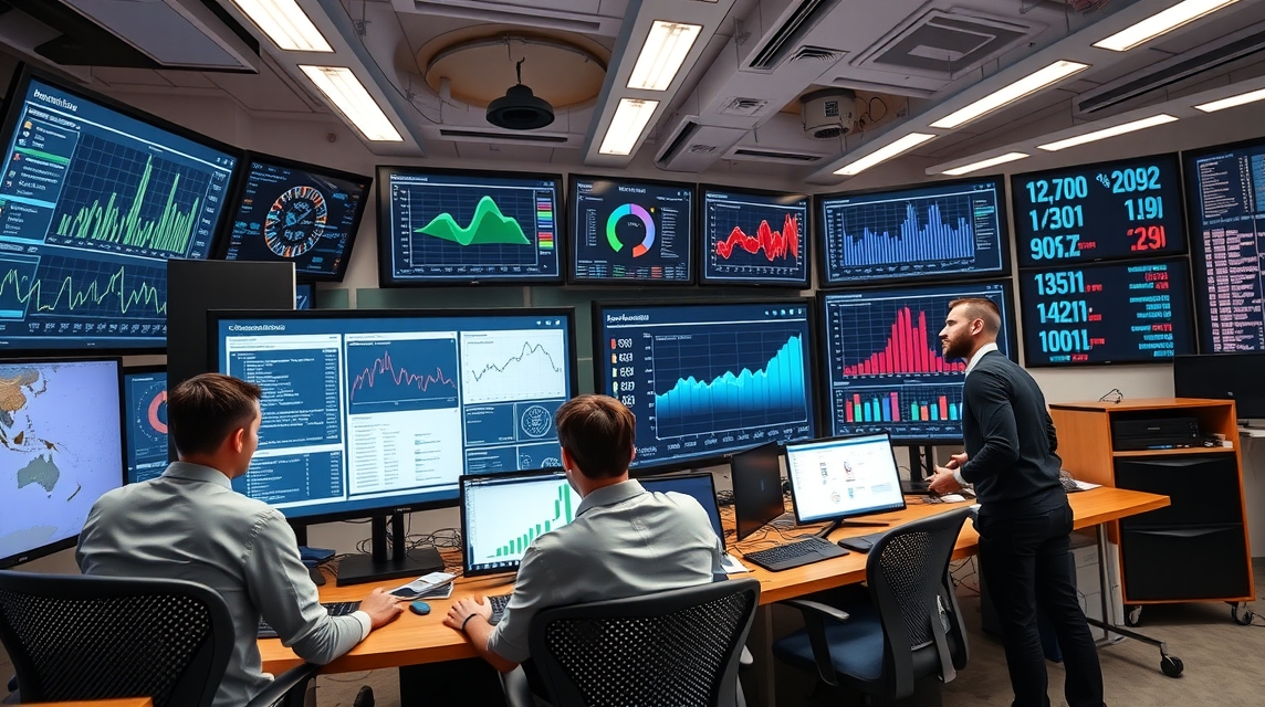 Trojica analytikov pracuje v modernom dátovom centre s viacerými obrazovkami.