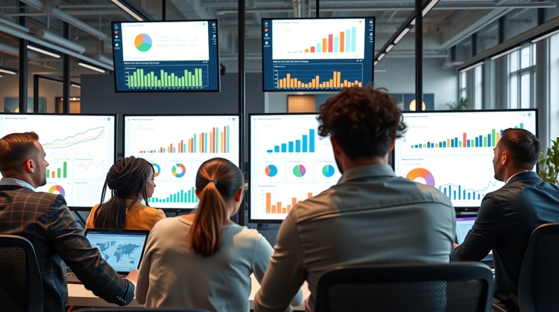 Skupina profesionálov sleduje prezentáciu s grafmi a štatistikami v modernom kancelárskom prostredí.