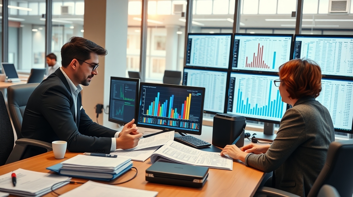Dva pracovníci diskutujú o analýze dát v modernej kancelárii s viacerými obrazovkami.