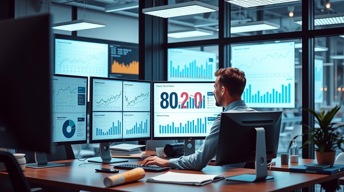 Muž pracuje v modernom kancelárskom prostredí s viacerými obrazovkami a grafmi.