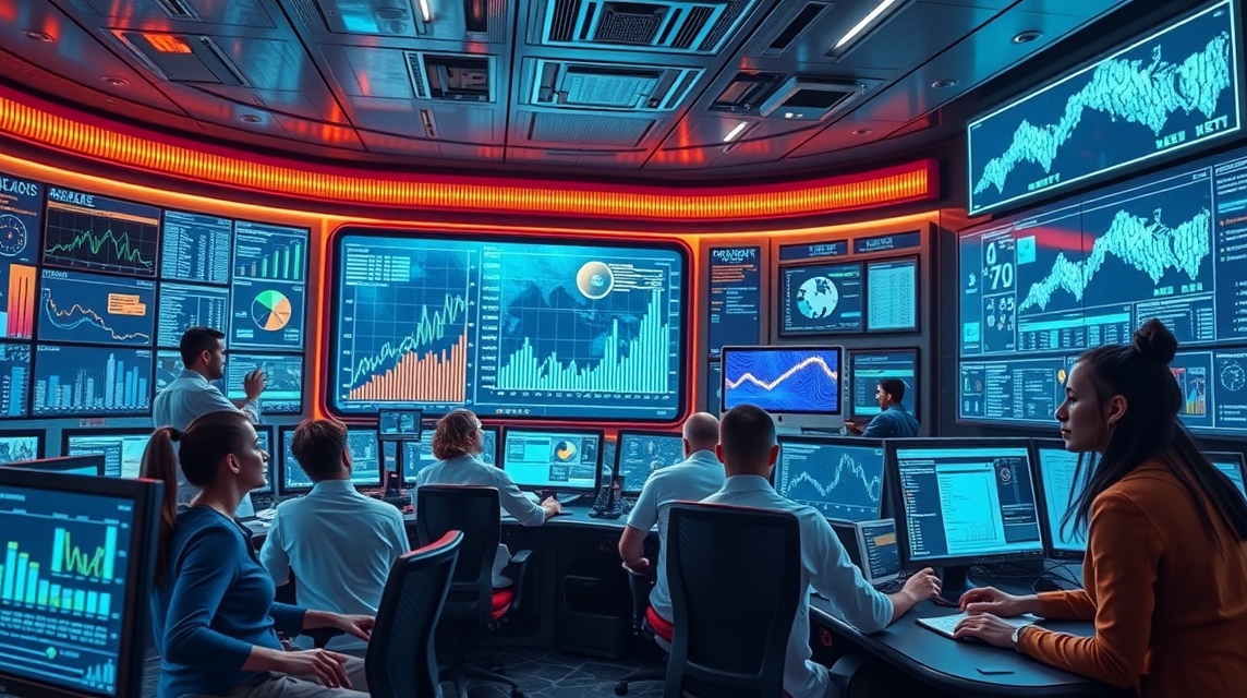 Tím odborníkov analyzuje dáta v modernom kontrolnom centre s viacerými obrazovkami.