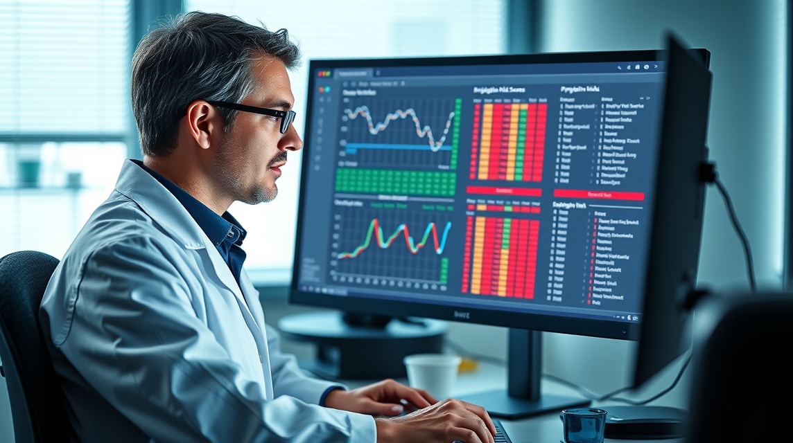 Muž v laboratóriu analyzuje dáta na monitore s grafmi a tabuľkami.