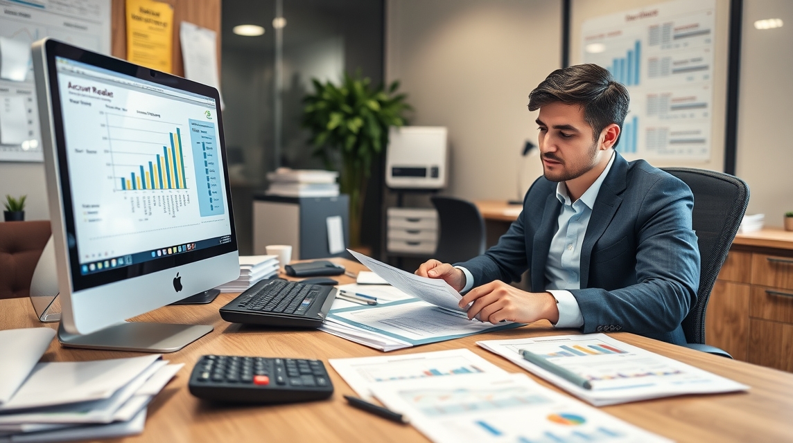 Mladý muž v obleku analyzuje grafy a dokumenty v kancelárii.