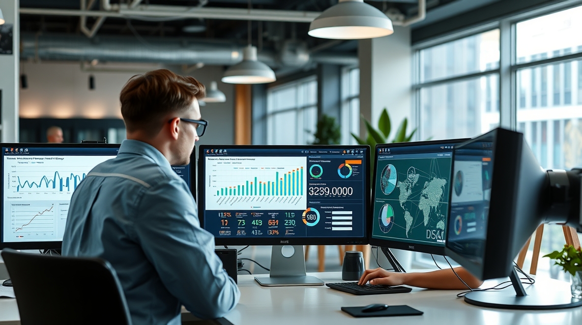 Muž sedí pred počítačmi, analyzuje grafy a dáta v modernom kancelárskom prostredí.