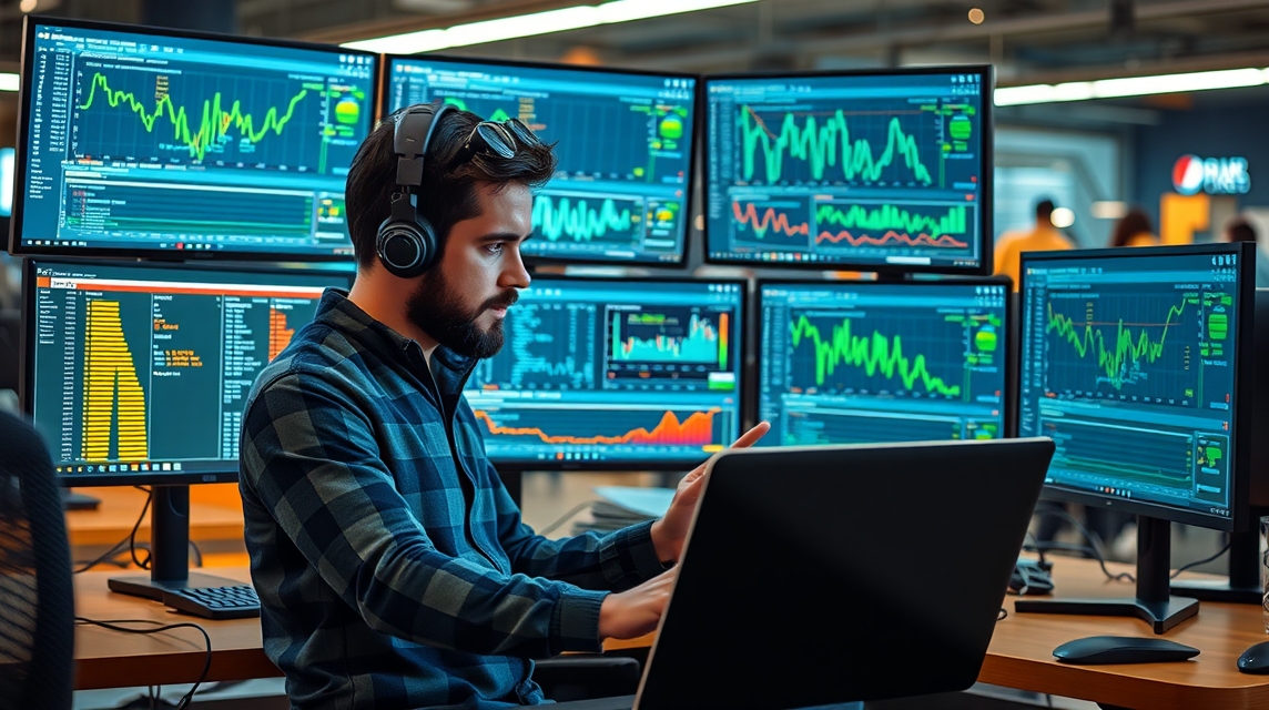 Muž pracuje a analyzuje dáta na viacerých monitoroch v modernom kancelárskom prostredí.