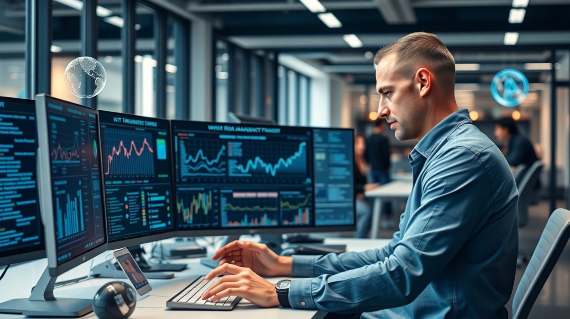 Muž pracuje a analyzuje dáta na viacerých monitoroch v modernom kancelárskom prostredí.