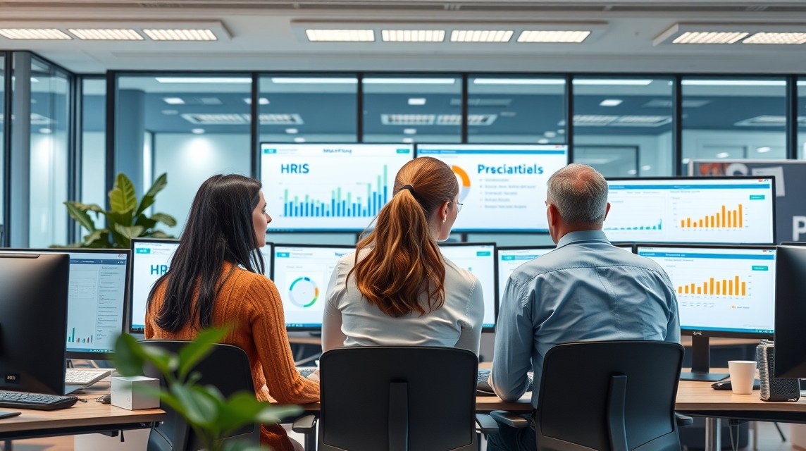 Trojica zamestnancov sedí pred počítačmi s grafmi a analýzami.