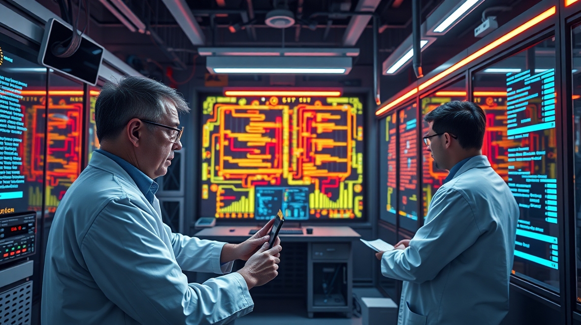 Dva vedci laboratóriu analyzujú dáta na digitálnych obrazovkách.