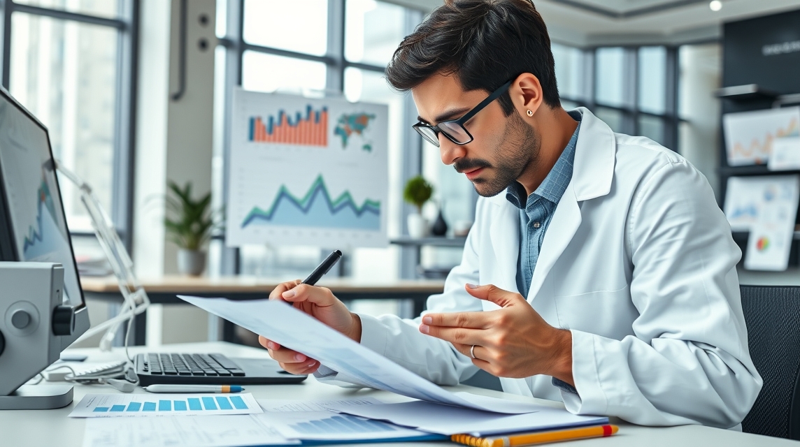 Muž v bielom plášti analyzuje dokumenty a grafy v kancelárii.