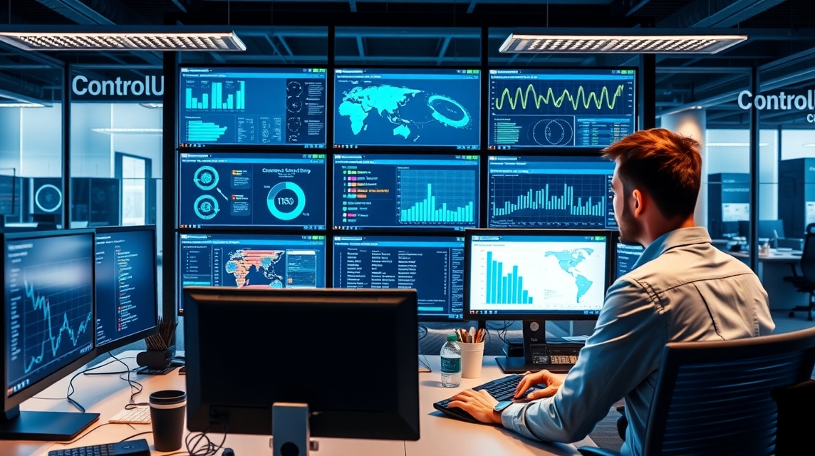 Muž pracuje v modernej kancelárii pred viacerými obrazovkami s dátovými analýzami.