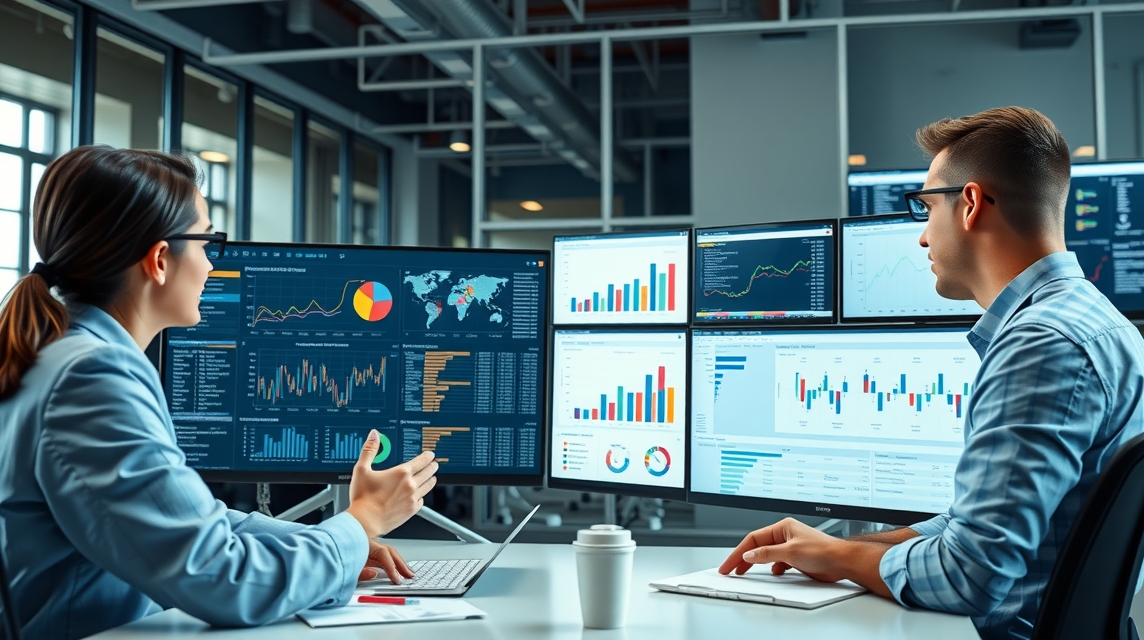 Dva pracovníci diskutujú o analýze dát pred viacerými obrazovkami s grafmi.