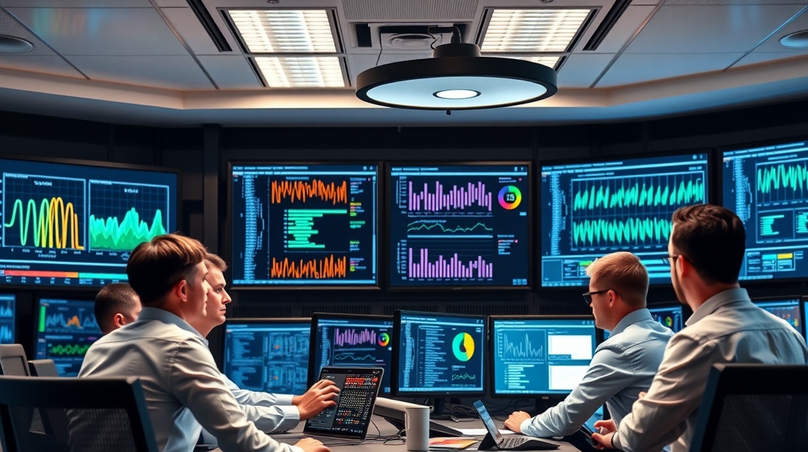 Skupina odborníkov analyzuje dáta na viacerých obrazovkách v modernom pracovnom prostredí.