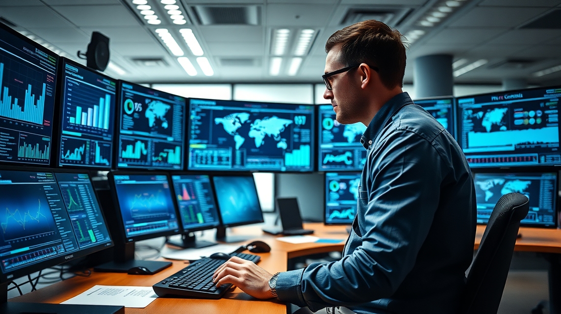 Muž pracujúci na viacerých monitoroch s grafmi a analýzami v kancelárii.
