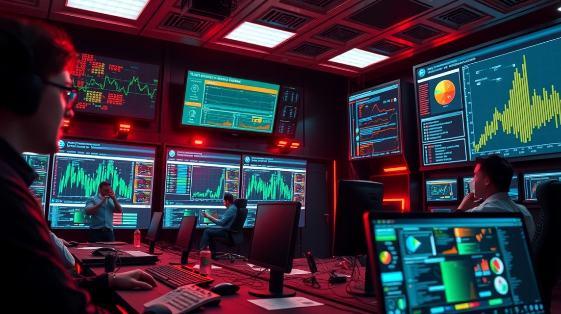 Pracovné prostredie s viacerými obrazovkami zobrazujúcimi analýzy a grafy.