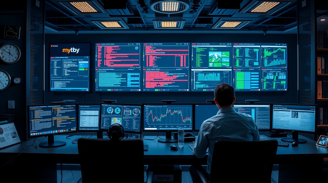 Muž sediaci pred viacerými obrazovkami s dátovými analýzami a grafmi.