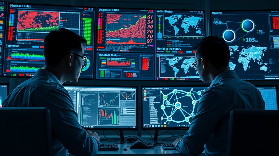 Dva analytici pracujúci s viacerými obrazovkami a dátovými grafmi.