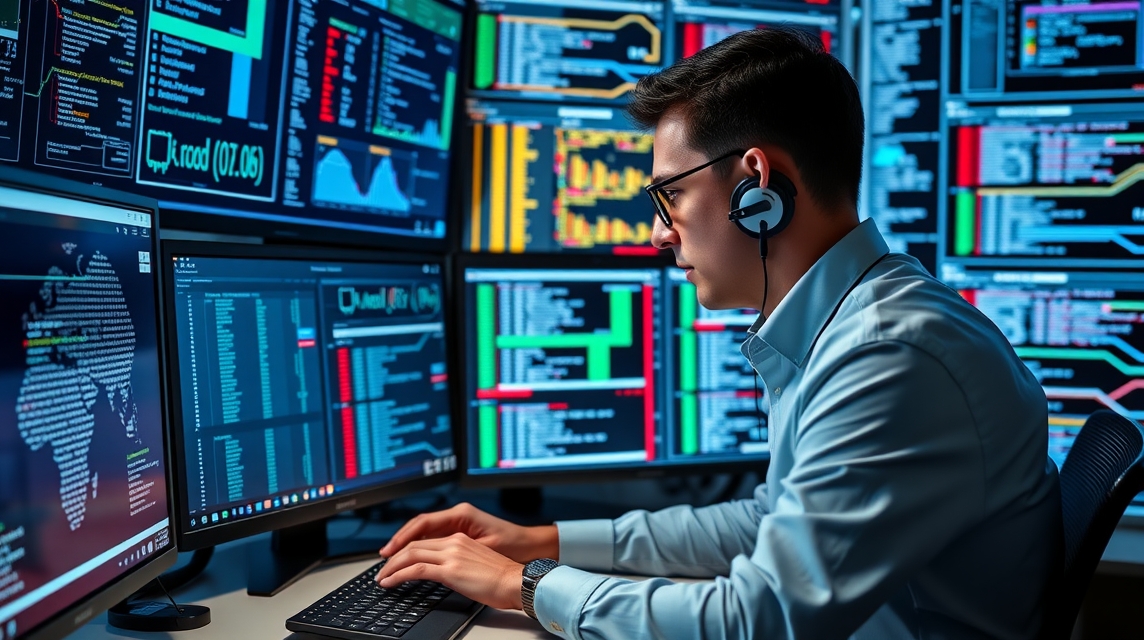 Mladý muž, ktorý pracuje na viacerých monitoroch s dátami a grafmi.