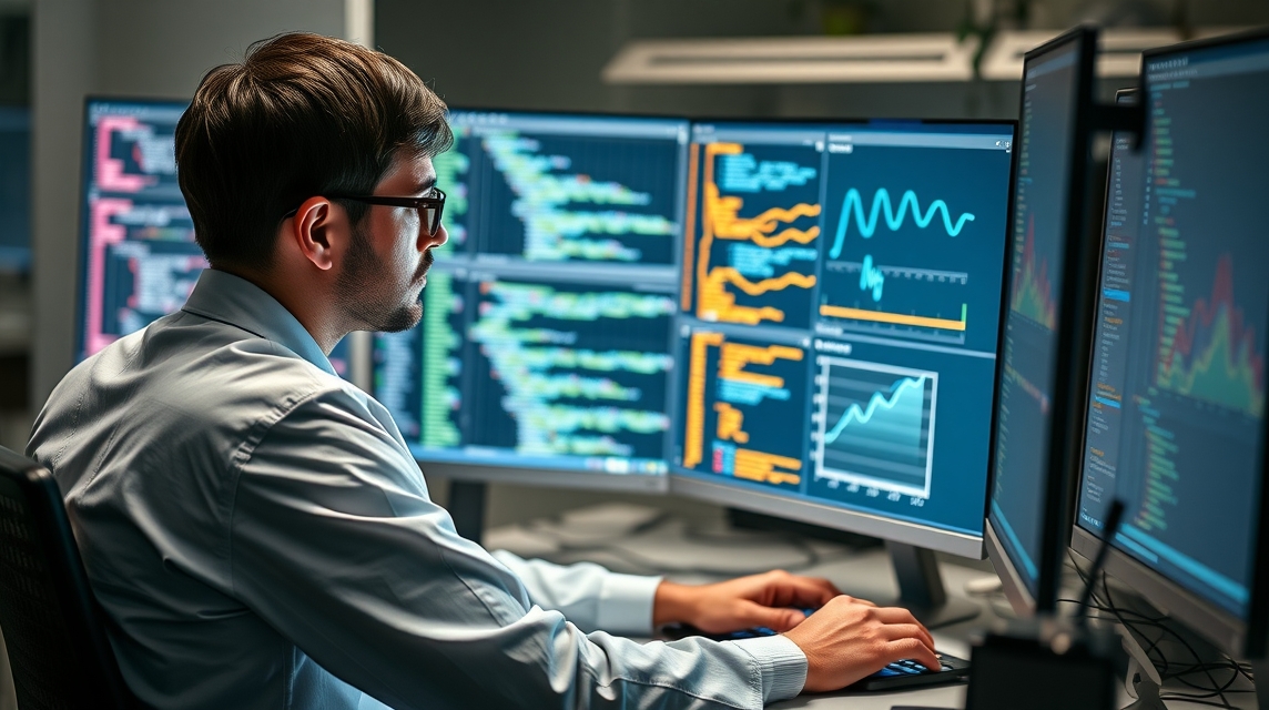 Muž pracuje na počítači, okolo neho sú viaceré obrazovky s grafmi a kódmi.