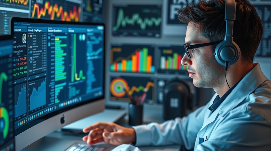 Muž pracuje a analyzuje dáta na počítači s viacerými obrazovkami.