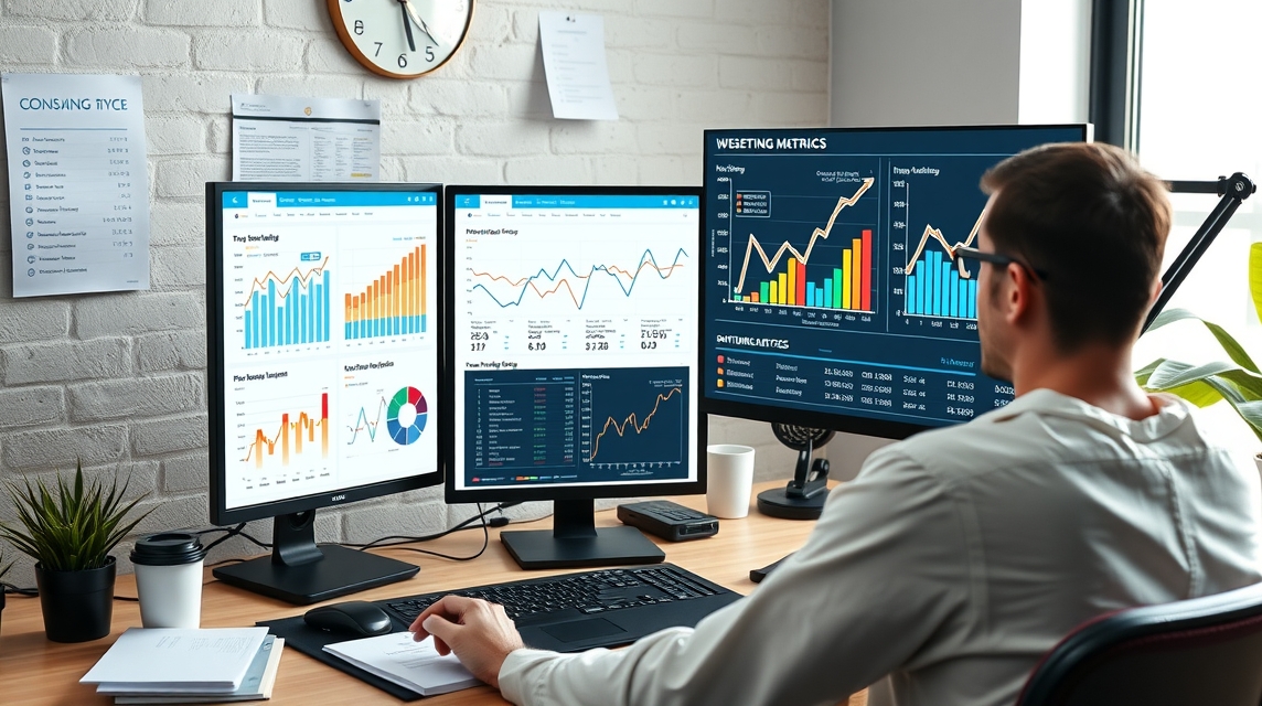 Muž pracuje az analytickými nástrojmi na dvoch monitorech s grafmi a štatistikami.