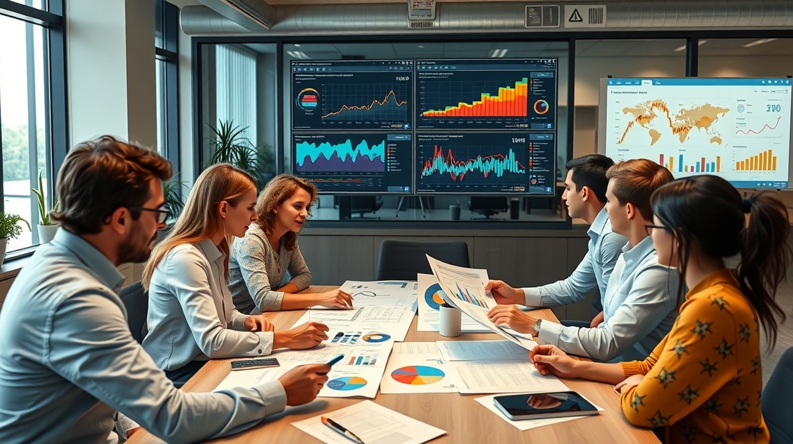 Skupina profesionálov diskutuje o dátach a grafikonoch v modernom kancelárskom prostredí.