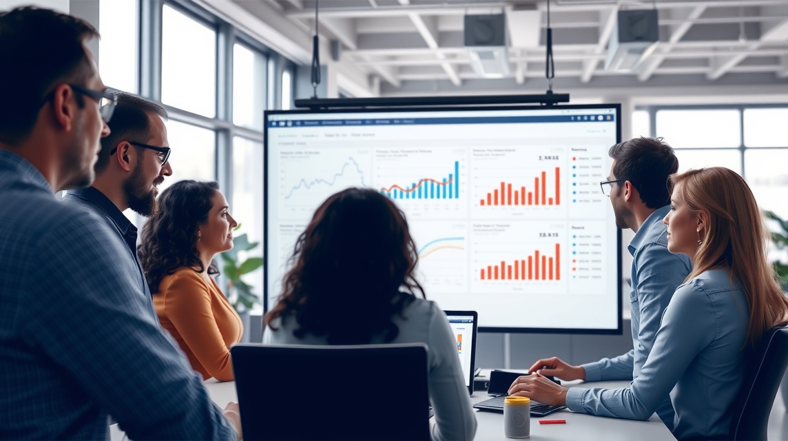 Skupina profesionálov diskutuje o dátach a grafikonoch v modernom kancelárskom prostredí.