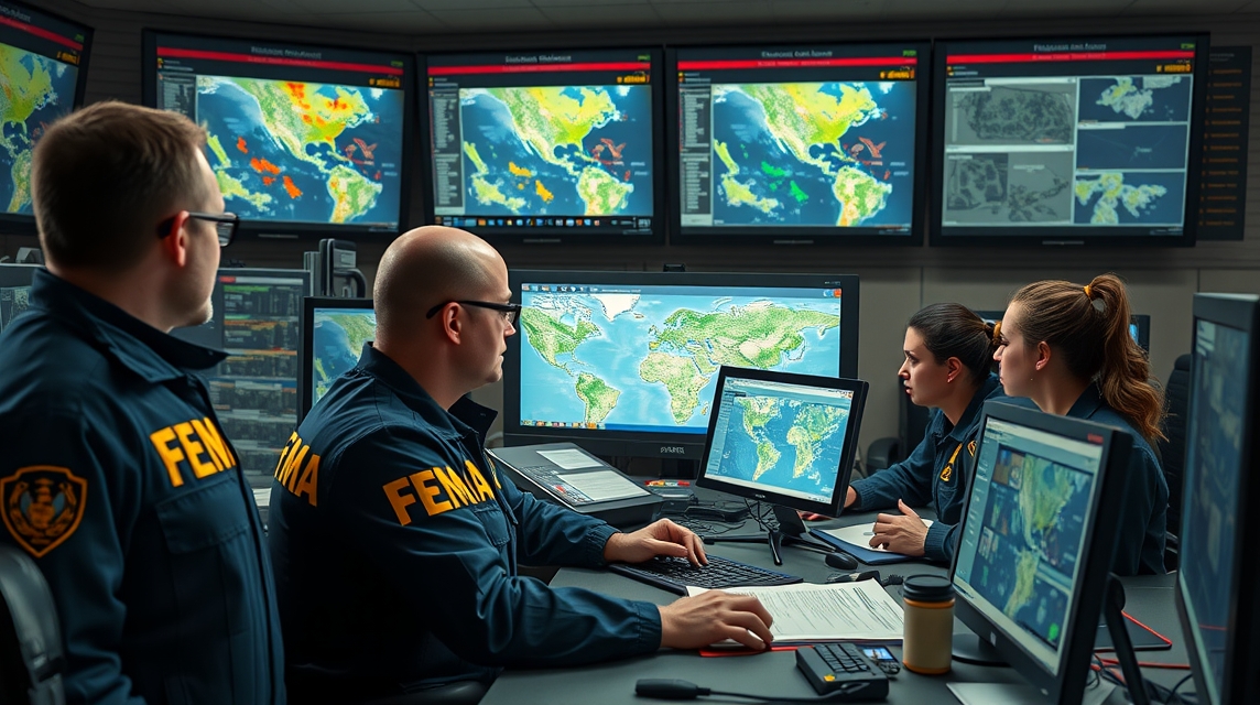 Tím odborníkov FEMA analyzuje mapy a dáta v krízovom stredisku.