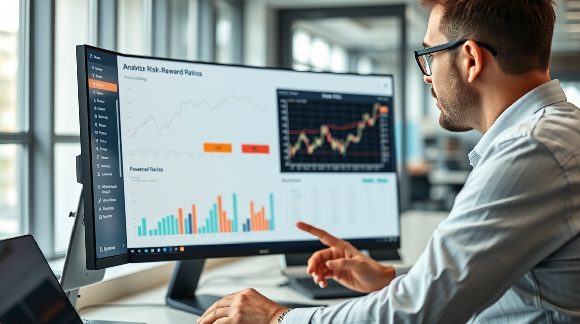 Muž analyzuje grafy a dátové vizualizácie na veľkom monitore.