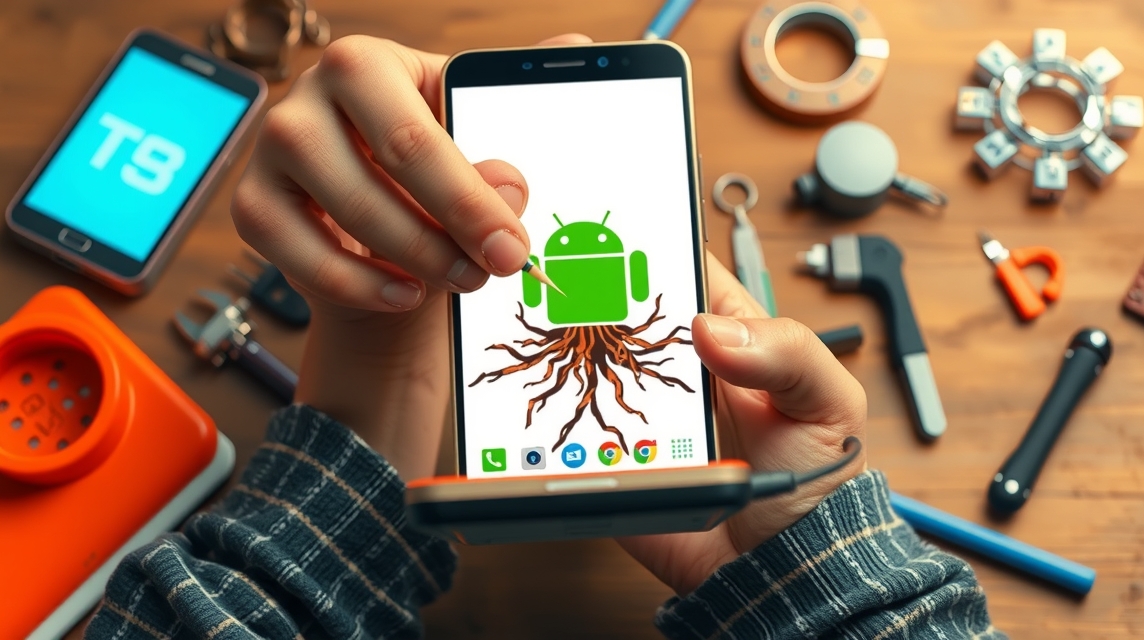 Ruka drží smartphone s Android logom a koreňmi na obrazovke, okolo sú náradia.