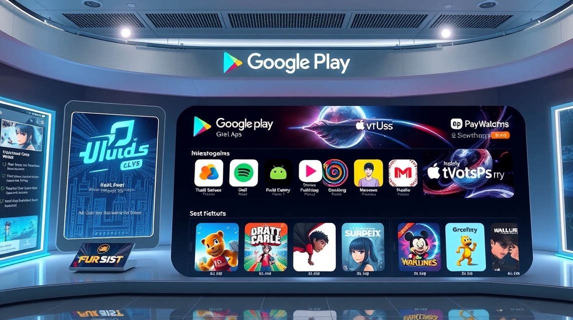 Obrazovka s aplikáciami Google Play, zobrazuje rôzne hry a aplikácie.