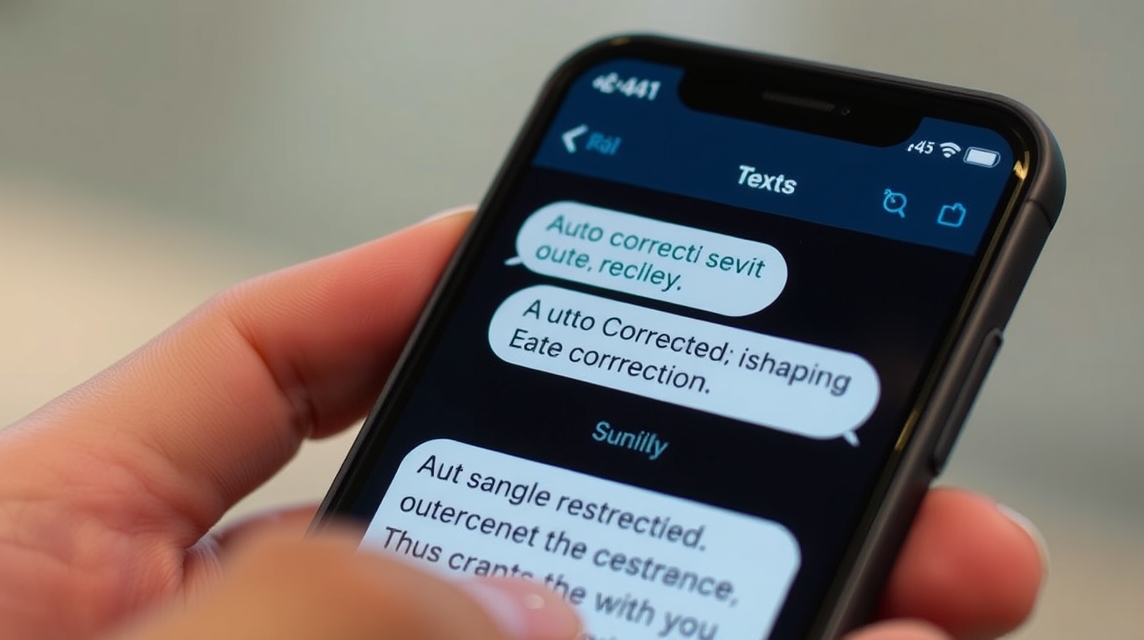 Osoba drží mobilný telefón s textovými správami a automatickou korekciou.
