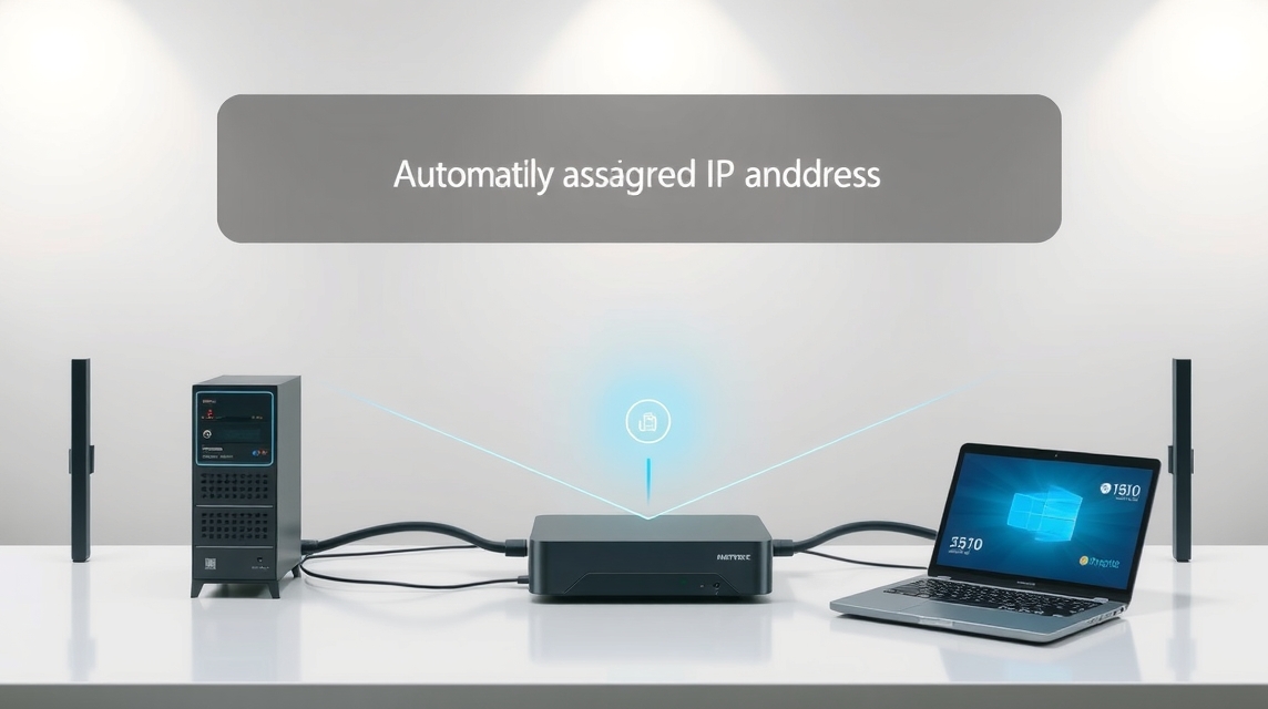 Na stole je počítač, router a laptop s automaticky priradenou IP adresou.