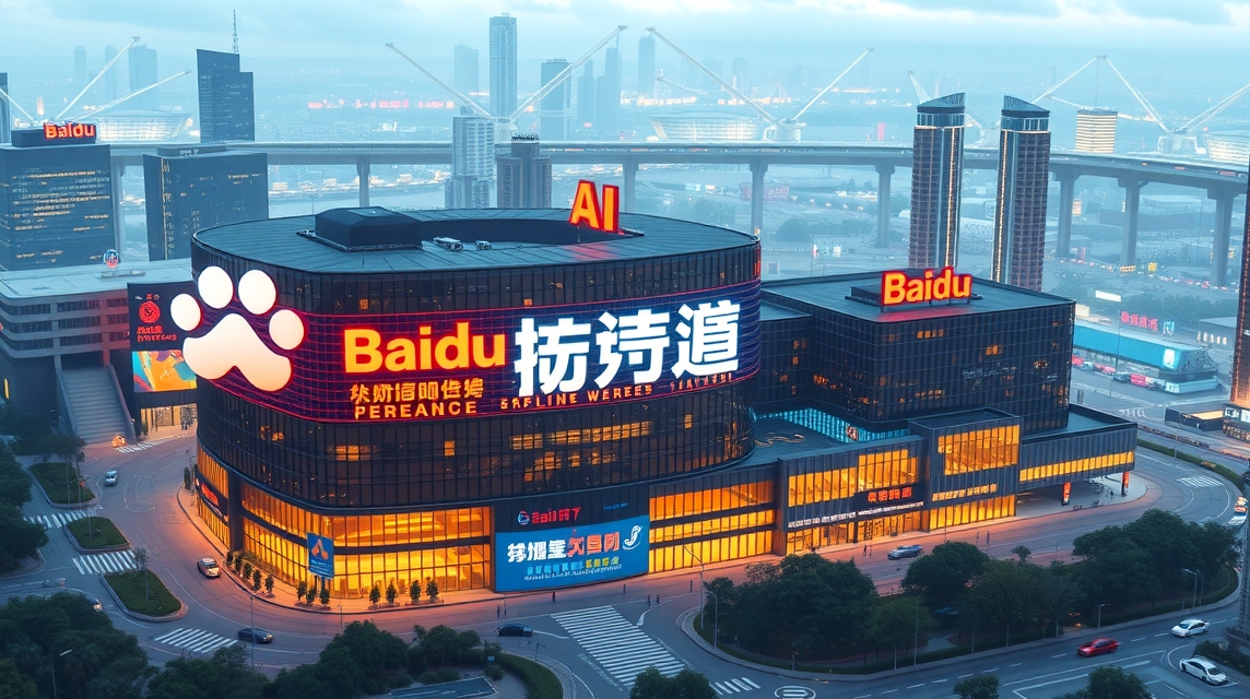 Moderná budova s nápisom Baidu a osvetlením v mestskom prostredí.