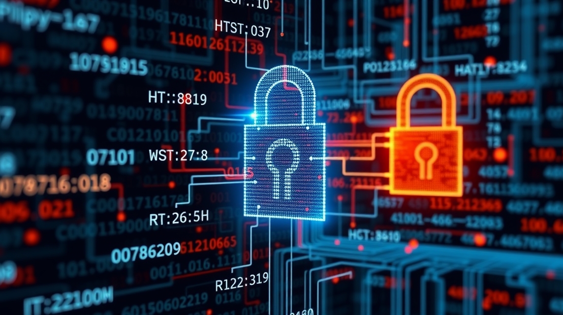 Digitálne zámky na pozadí s kódmi a dátovými prúdmi.