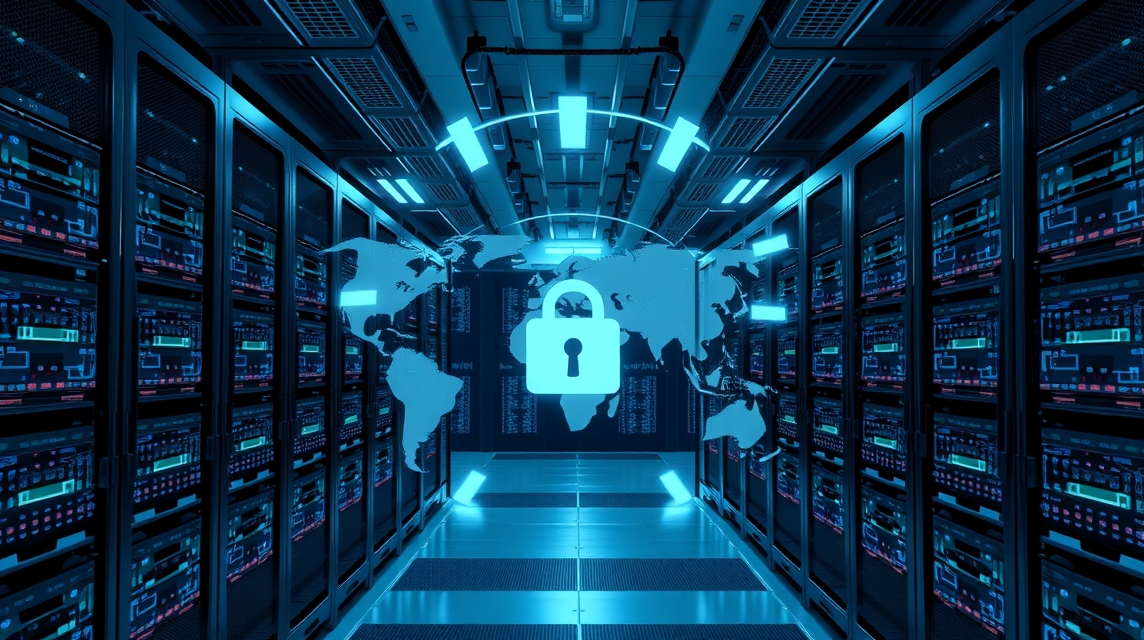 Moderný dátový centrum s modrým osvetlením a globálnym zámkom na pozadí.