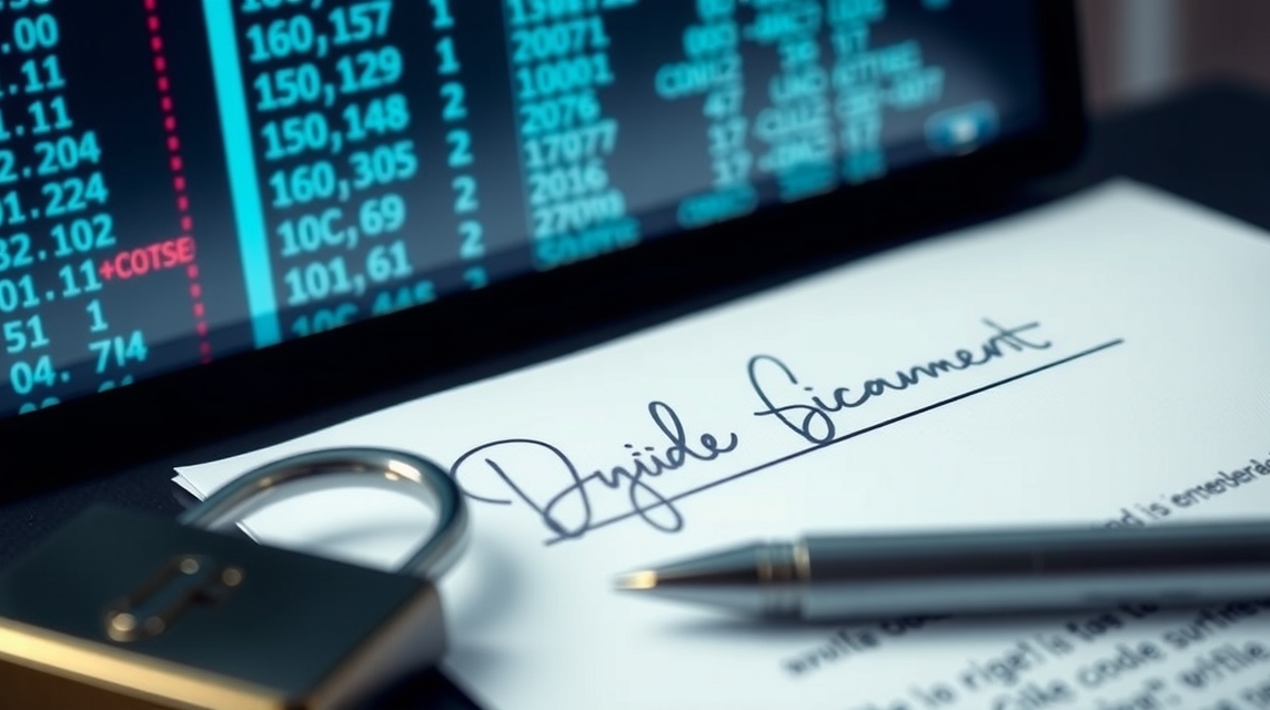 Na stole leží dokument s podpisom a zámkom, v pozadí sú finančné údaje.