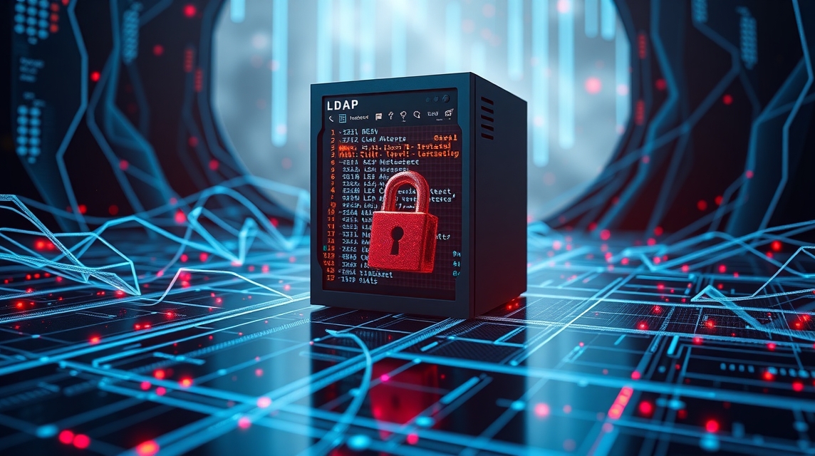 Čierny server s červeným zámkom a kódom LDAP na obrazovke v digitálnom prostredí.