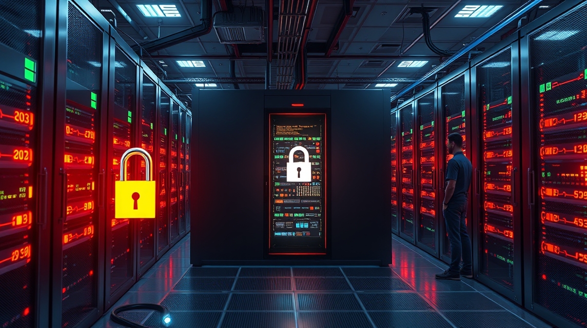 Osoba stojí pred serverom v dátovom centre, okolo sú blikajúce svetlá a zámok symbolizuje bezpečnosť.
