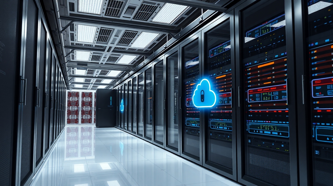 Moderná dátová centrála s množstvom serverov a cloudovým symbolom.