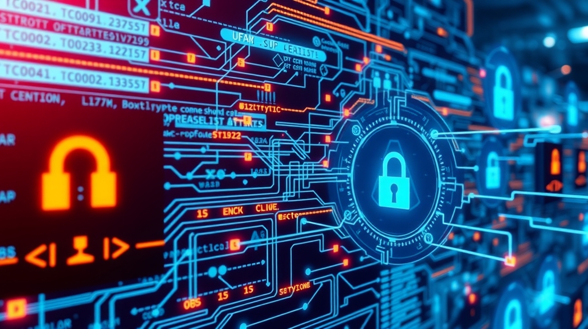 Digitálny obraz s modrými a červenými prvkami, zobrazuje zamknuté ikony a obvody.